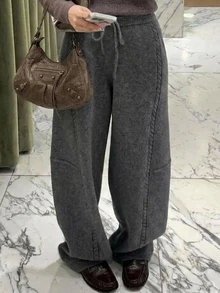 Livesso Women's Solid Color Drawstring Elastic Waist Fashion Knit Straight Leg Pants - Dark Grey - View 6