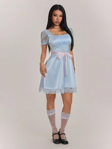 SHEIN PETITE Women's Pleated Square Neck Contrast Lace Short Sleeve Elegant Dress - Baby Blue - View 4