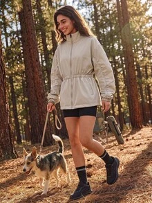 Exploreva Exploreva Women's Outdoor Minimalist Zipper Waist-Cinching Pocket Jacket - Apricot - View 1