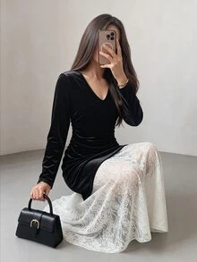 Modelyn Women's Designer V-Neck Velvet Contrast Lace Dress - Black and White - View 6