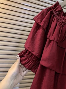 Franclia Kemeja Wanita Polos Berlipit Kasual Serbaguna untuk Pemakaian Sehari-hari - Burgundy - View 4