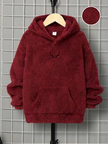 SHEIN 兒童男童休閒刺繡雙面抓絨連帽套頭針織衛衣 秋冬款 - 紅色 - 查看 1