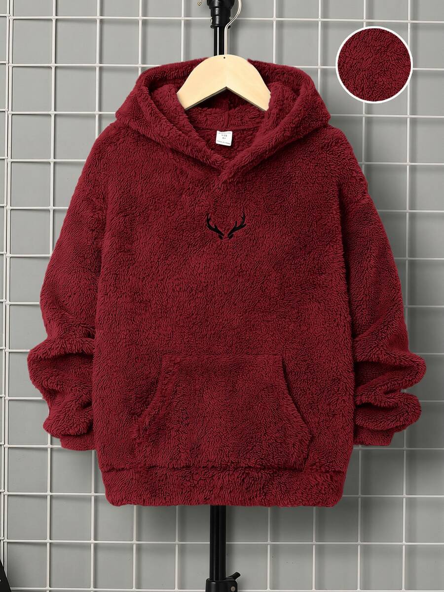 SHEIN 兒童男童休閒刺繡雙面抓絨連帽套頭針織衛衣 秋冬款 - 紅色 - 查看 1