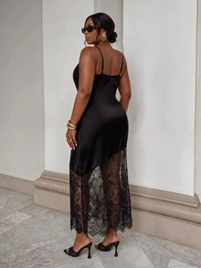 Firerie Plus Size Solid Color Sexy Lace Patchwork Spaghetti Strap Waist-Cinched Dress - Black - View 2