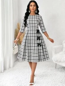 SHEIN Lady 女款圓領七分袖格紋蝴蝶結裝飾中長洋裝 - 白色 - 查看 6