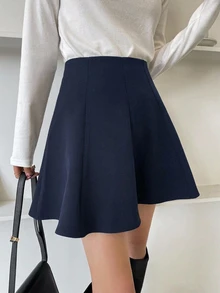 DAZY 女款純色高腰休閒百搭裙 - 藏蓝色 - 查看 5