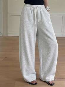 DAZY Celana Sweatpants Kasual Wanita Warna Polos dengan Tali Serut di Pinggang dan Saku, Potongan Lebar. - Grey - View 4
