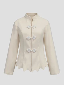 LUMIGAL / Women New Chinese Style Wool Blend Jacket, Stand Collar Frog Buttons Slim Fit Short Coat, Wave Hem - Beige - View 8