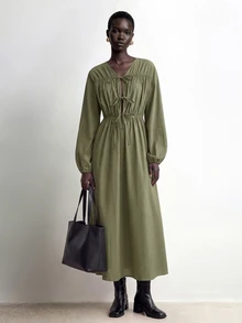 Aalyst Women's Ruched Tie Long Sleeve Dress - Apricot - View 5