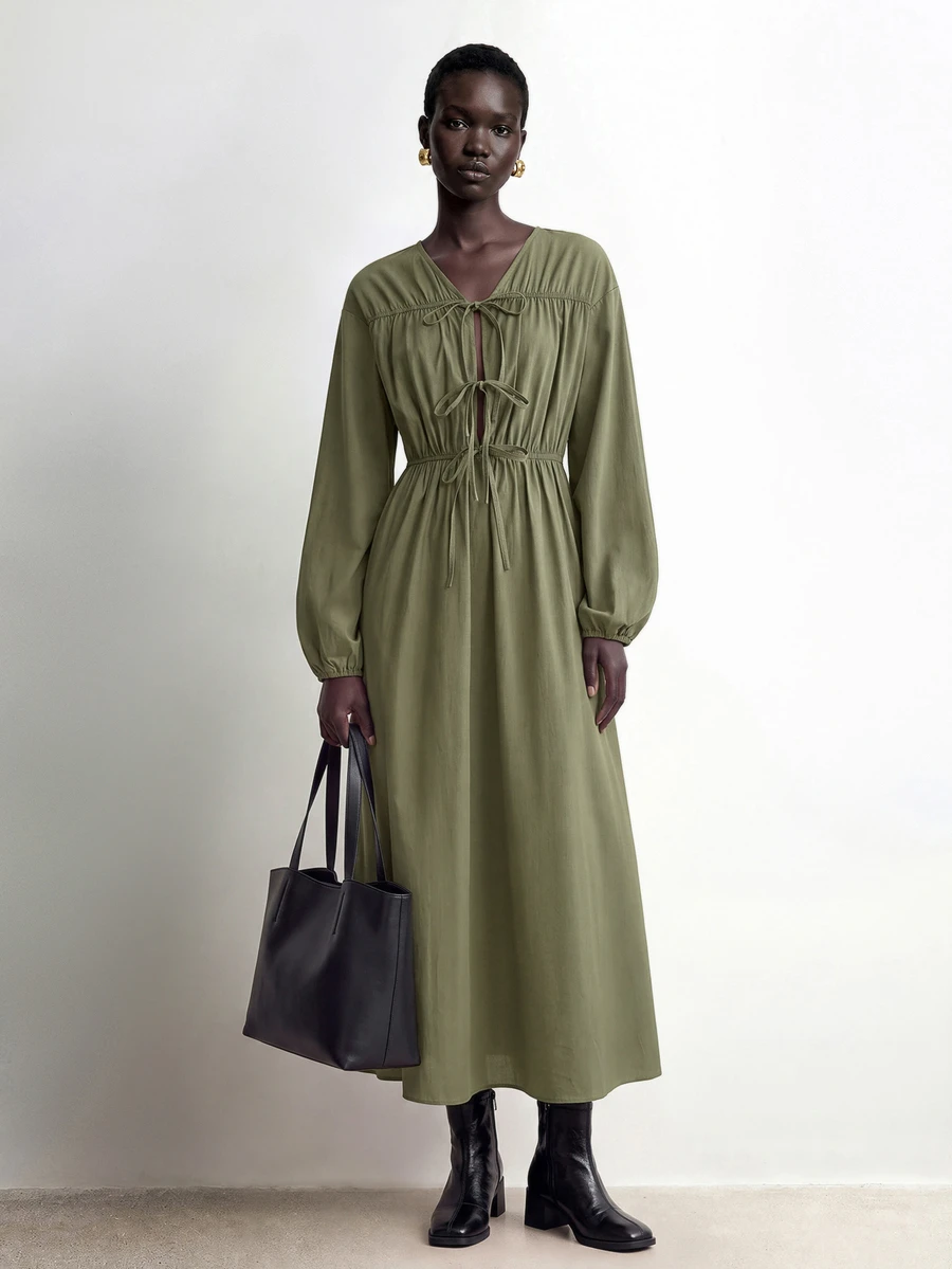 Aalyst Women's Ruched Tie Long Sleeve Dress - Apricot - View 1