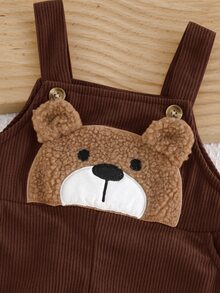 SHEIN 中性新生兒嬰兒男/女童、幼兒 100% 純棉秋冬保暖內裡加厚可愛熊圖案燈芯絨吊帶褲，嬰兒冬季連身褲，聖誕節 - 棕色 - 查看 4