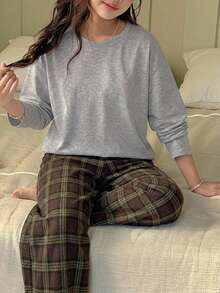 Dazy Kids Long Sleeve T-Shirt Style Plaid Casual Pants Loose Straight Leg Versatile Long Pants Tween Girls Loungewear - Brown - View 1