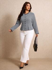Elaquor Plus Size Women's Plaid Long Sleeve Single-Breasted Elegant Blouse - Brown - View 3