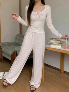 DAZY 2pcs Floral Square Neck Fitted Long Sleeve T-Shirt & Straight Leg Long Pajama Pants Women's Sleepwear Set - Pink - View 6