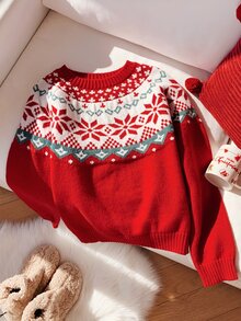 Comfortcana Women's Christmas Print Round Neck Long Sleeve Sweater - Red - View 1