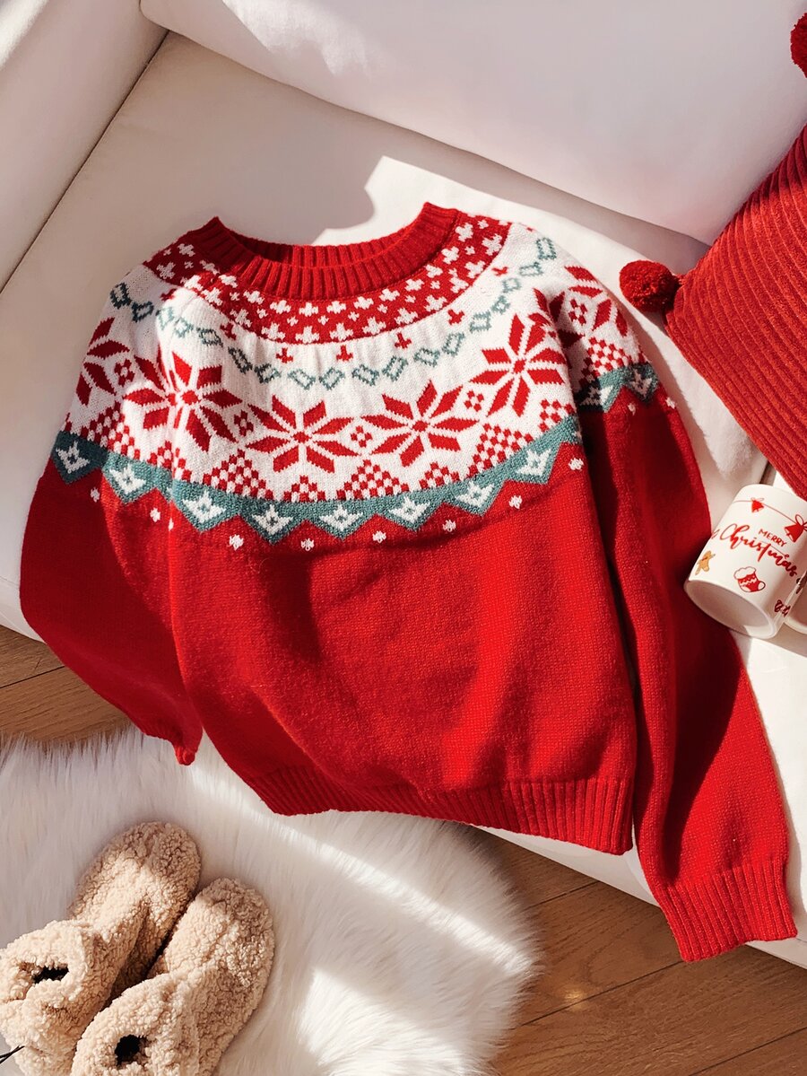 Comfortcana Women's Christmas Print Round Neck Long Sleeve Sweater - Red - View 1