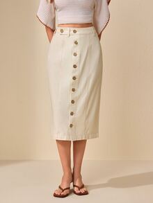 Selenza Women's Fashion Versatile Button Denim Skirt - Beige - View 5