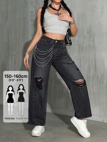SHEIN PETITE 女款高腰口袋磨損直筒寬鬆休閒牛仔褲 - 黑色 - 查看 1