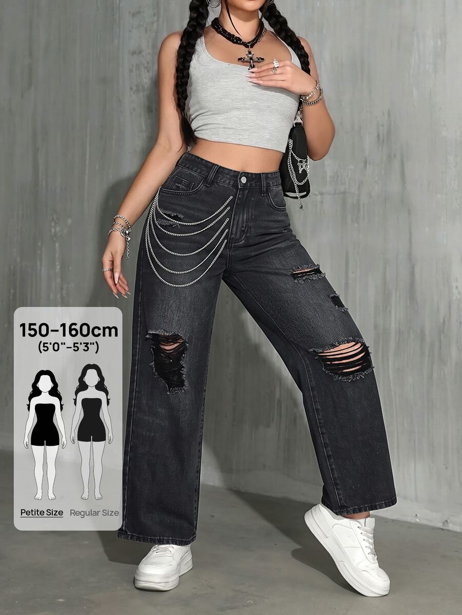 SHEIN PETITE 女款高腰口袋磨損直筒寬鬆休閒牛仔褲 - 黑色 - 查看 1