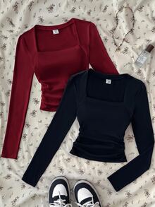 2PCS Teen Girls T-Shirts - Burgundy - View 1