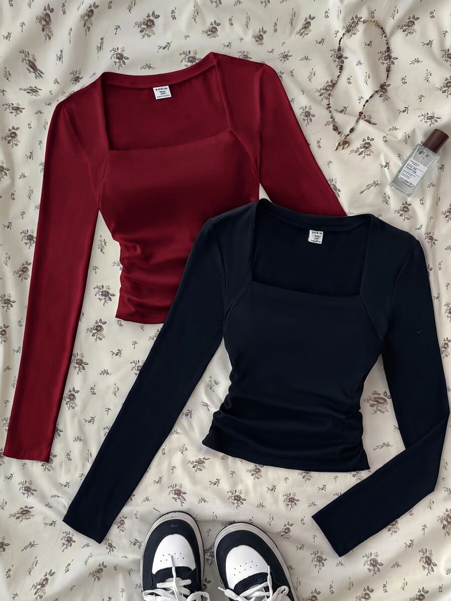 2PCS Teen Girls T-Shirts - Burgundy - View 1