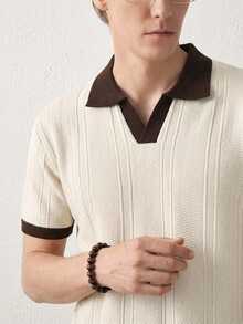 RONVEXI Men's Plus Size Colorblock Collar Short Sleeve Casual Knit Top - Beige - View 5