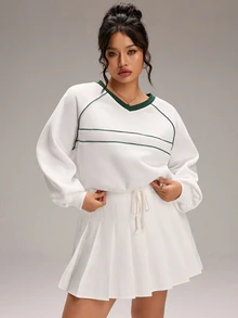 EMERY ROSE Plus Size Women's Colorblock Casual Everyday Long Sleeve T-Shirt - White - View 4