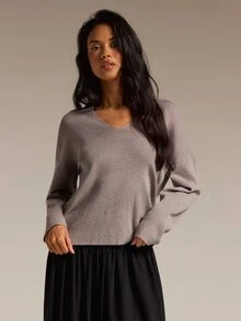 COSMINA Women's Solid Color V-Neck Dropped Shoulder Long Sleeve Casual Sweater - Khaki - View 4
