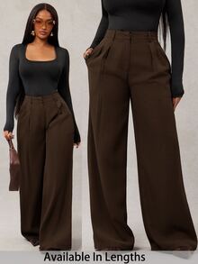 SHEIN Tall CURVE 大尺碼女款純色百褶休閒百搭日常穿著長褲 - 咖啡棕 - 查看 1