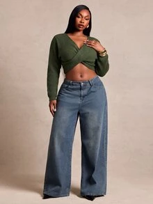 SHEIN SXY Army Green Twisted V-Neck Slim Fit Long Sleeve Cropped Sweater - Army Green - View 4