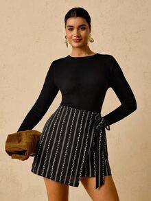 Freevana Women Boho Striped Floral Wrap Mini Skirt With Side Tie Knot And Asymmetrical Hemline - Black - View 6