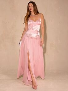 Enchnt Premium Winter Romantic Women's Elegant Pink Applique Decorated Ruffle Hem Party Prom Dress,Thanksgiving,Luxury Wedding Evening Dress,Christmas - Baby Pink - View 1