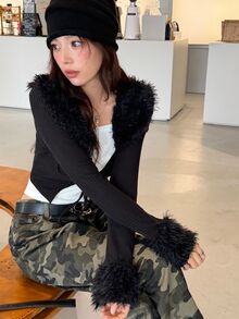 K-Vae Women's Autumn/Winter Black Jacket, Fur Collar Knitted Slim Fit Coat - Black - View 7