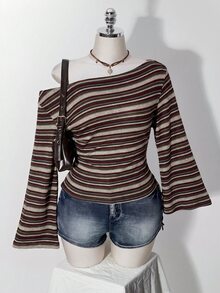 SHEIN ICON 大尺碼 Y2K 復古不對稱單肩針織收腰 T-shirt 上衣，休閒復古不對稱單肩領長袖上衣 - 彩色 - 查看 5