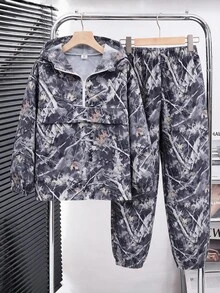 SHEIN 2件組青少年男孩半拉鍊連帽外套與慢跑長褲，黑色，夏季，街頭休閒圖案街頭時尚，加厚抓絨運動套裝，旅行 - 彩色 - 查看 2