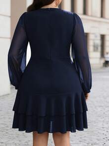 Velvienne Black Deep V-Neck Chiffon Puff Sleeve Ruffle Dress, High Waist Ultra Short A-Line Mini Dress, Asymmetrical Multi-Layer Ruffle Structure: Waist Side 3D Stacked Large Wave Pleats, Asymmetrical Layered Ruffle Hem, Flowing Layered Lace, Dynamic Movement When Walking, Flattering Hips And Lengthening Legs, Plus Size Dress - Navy Blue - View 2