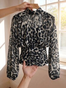 SHEIN Clasi 女款性感豹紋抓皺收腰上衣 - 灰色 - 查看 1
