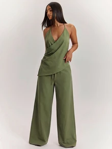 SHEIN BAE 純色掛脖露背上衣搭配寬腿褲時尚性感套裝 - 綠色 - 查看 5