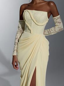 Elitara Elegant Luxurious Yellow Sexy Strapless Satin Contrast Lace Ruched Slit Back Tie-Up Braided Rope Decor Mermaid Dress For Wedding Events, Bachelorette Party, Vacation, Ball, Evening Gala - Yellow - View 5
