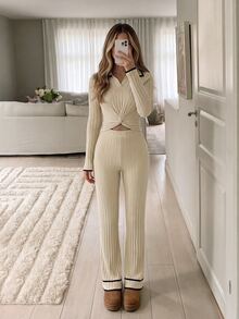 Easowa Women's Fall/Winter Sets Twisted Ruched Long Sleeve Top And Pants Casual Preppy Daily 2 Pieces Set Everyday Travel Black And White - Apricot - View 3