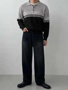 DAZY Autumn/Winter Navy Blue Striped Colorblock Polo Collar Men's Sweater - Multicolor - View 4