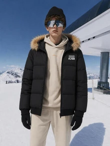 SHEIN 青少年男孩休閒黑色連帽棉質外套，飾有毛邊與小標籤，適合秋冬返校季 - 黑色 - 查看 1