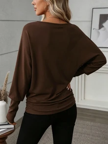 Elenzga 1pc Women's Plus Size Solid Color Round Neck Long Sleeve Casual Shirt, Suitable For Daily Indoor And Outdoor Wear In Autumn - Multicolor - View 2