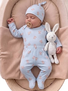 3 Pieces Newborn Long Sleeve Jumpsuit With Footed Pants - Baby Blue - View 8