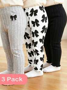 SHEIN Playful Pals 3件組女嬰針織羅紋內搭褲，甜美可愛，白色灰色黑色蝴蝶結印花，荷葉邊，常規款，生日派對秋季假期彈性款 - 彩色 - 查看 3