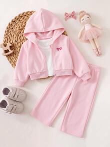 SHEIN Baby Girl Bow Embroidery Pattern Hooded Sweatshirt And Autumn Pants Casual Daily Outfit - Pink - View 7