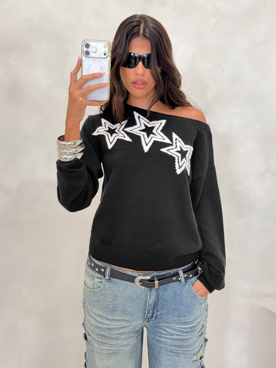 BAD SUNDAY Women's Autumn/Winter Star Pattern High Neck Long Sleeve Cropped Sweater, Y2K Hot Girl Style - Black - View 1