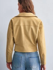 Willow Rêve Women's Solid Color Long Sleeve Lapel Zipper Asymmetric Design Cropped Jacket - Khaki - View 2