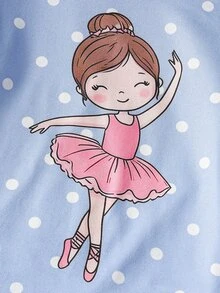 女童可愛芭蕾舞印花長袖牛奶絲面料居家服套裝，圓領卡通鬆緊褲，2件套，秋冬款 - 藍色 - 查看 6