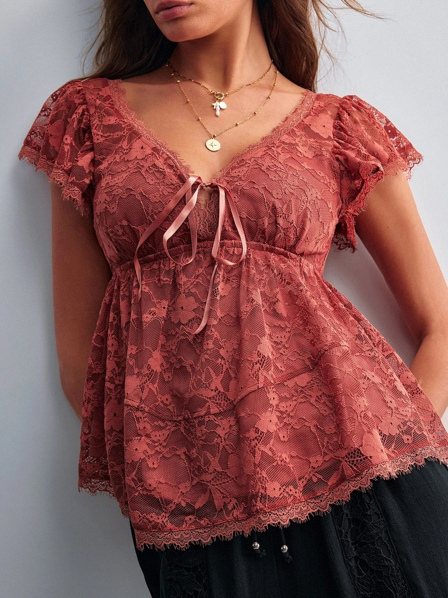 Willow Rêve Women's French Style Lace Tie Top For Date And Outing - Rust Brown - View 1
